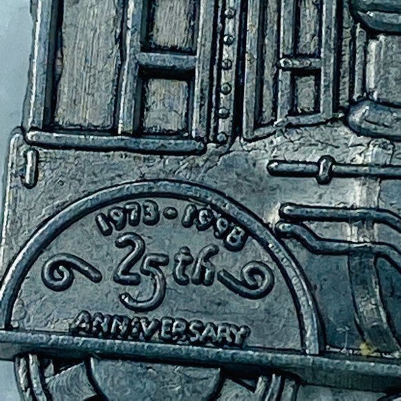 1998 HMK Train 25th Anniversary Tie Tack Pin Pewter Silver Color Steam Engine - Picture 2 of 16